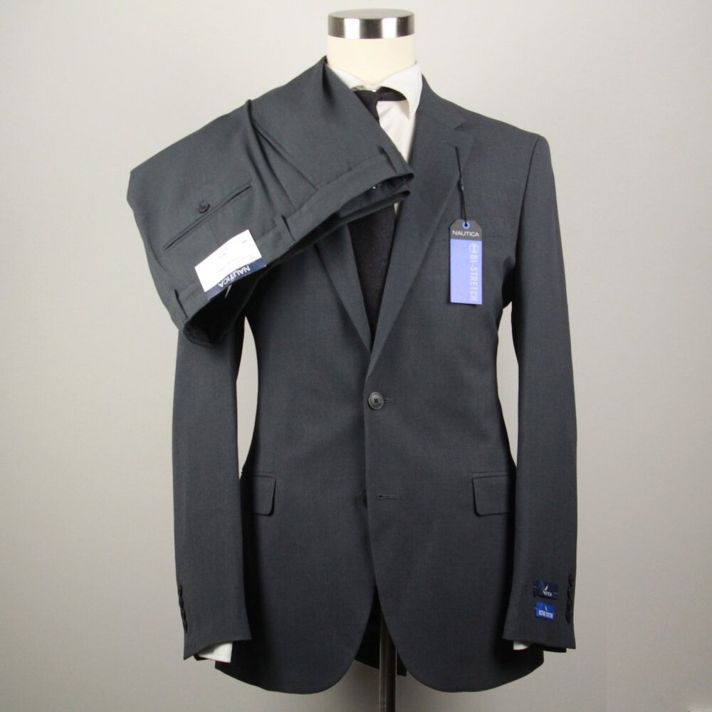 40L Nautica Mens 2-pc Suit Blazer Jacket Pants 34Wx33L Charcoal E04422